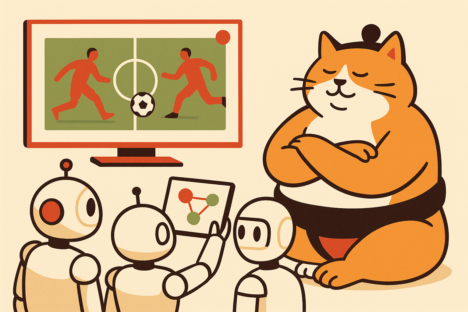 The Sumo Cat observing a group of robots analyzing a sports game on a screen.