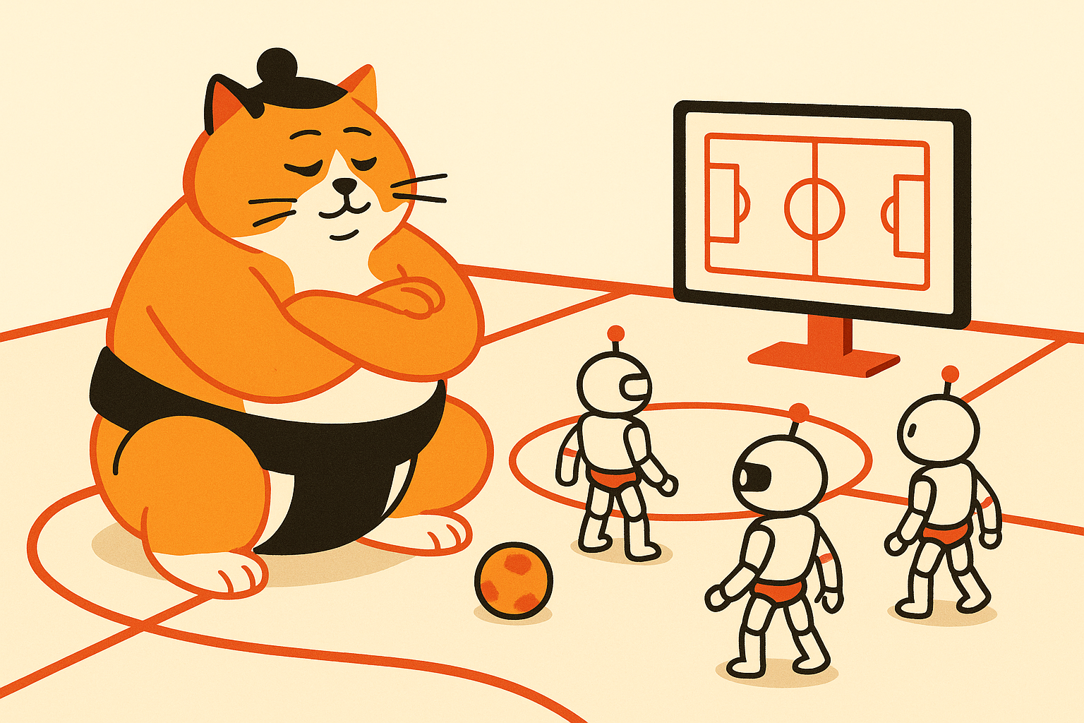 The Sumo Cat coaching robots on a soccer field, one watching a video.