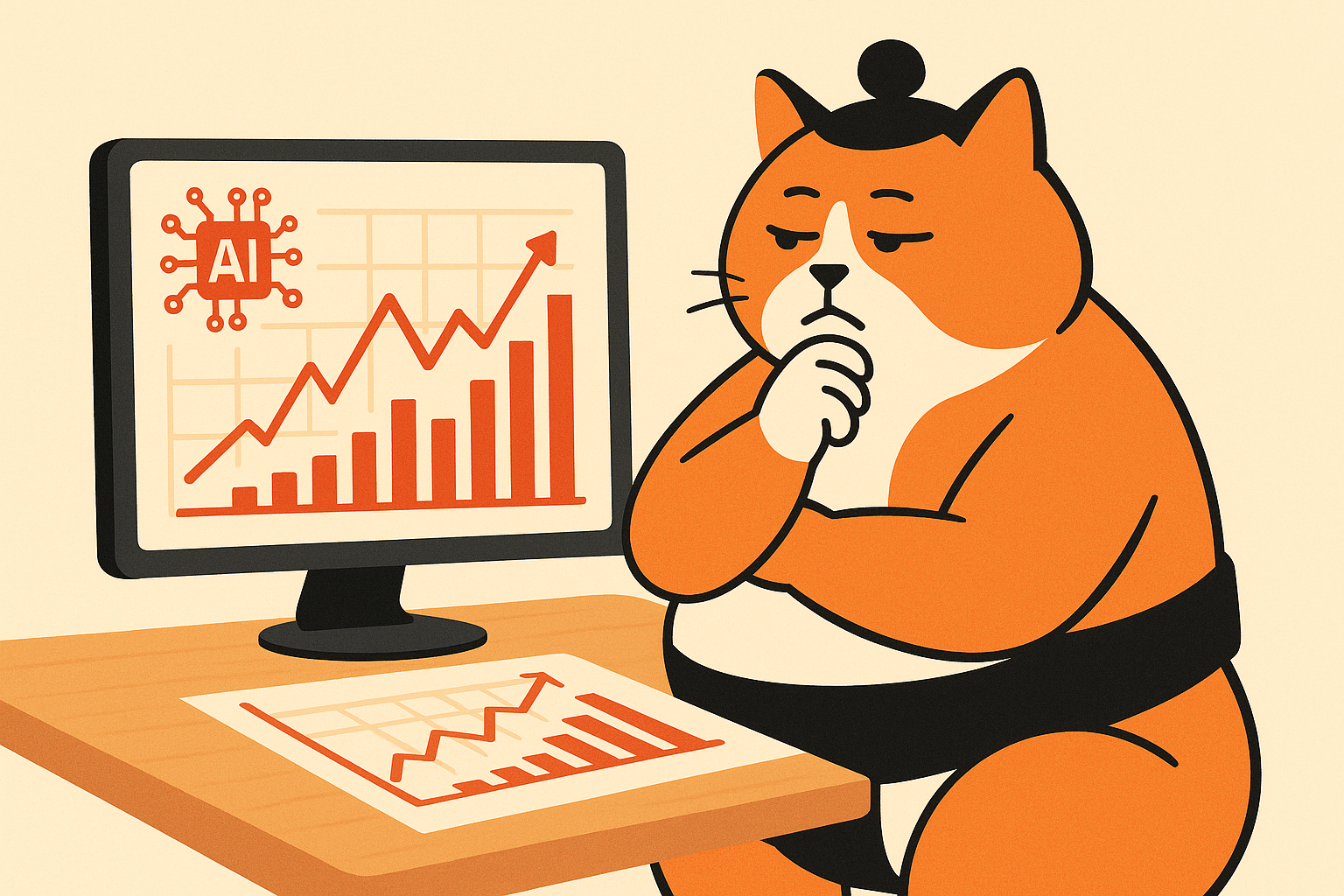 The sumo cat looking at a financial chart on a desk, representing AI financial advice.