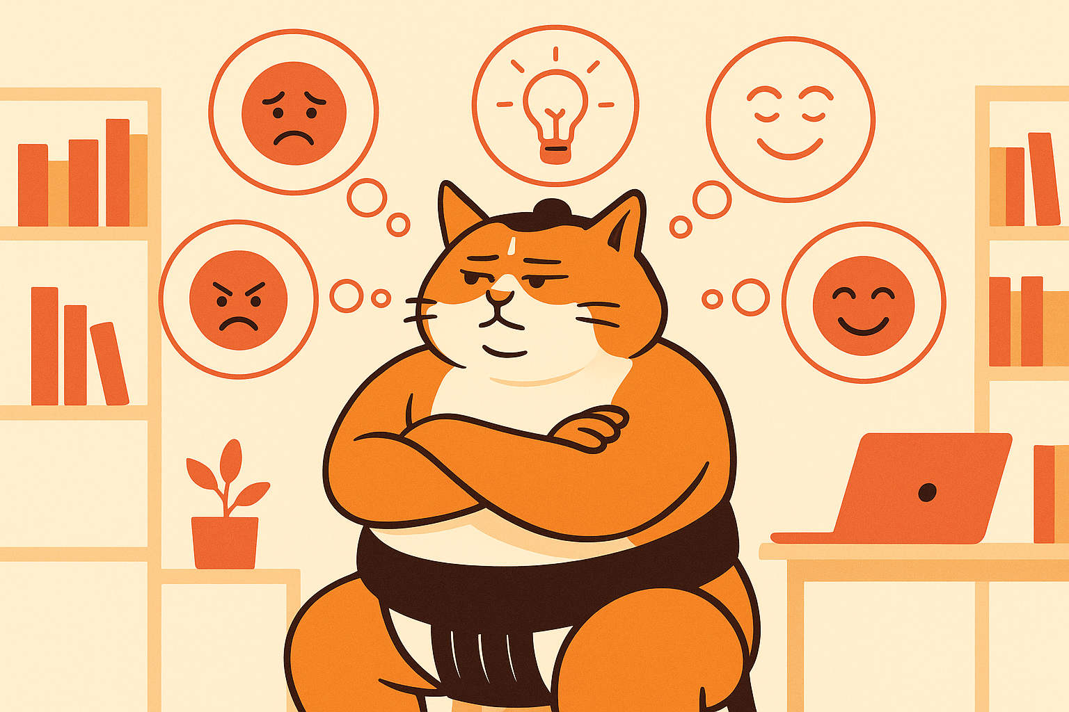 The sumo cat surrounded by thought bubbles representing human emotions and ideas.