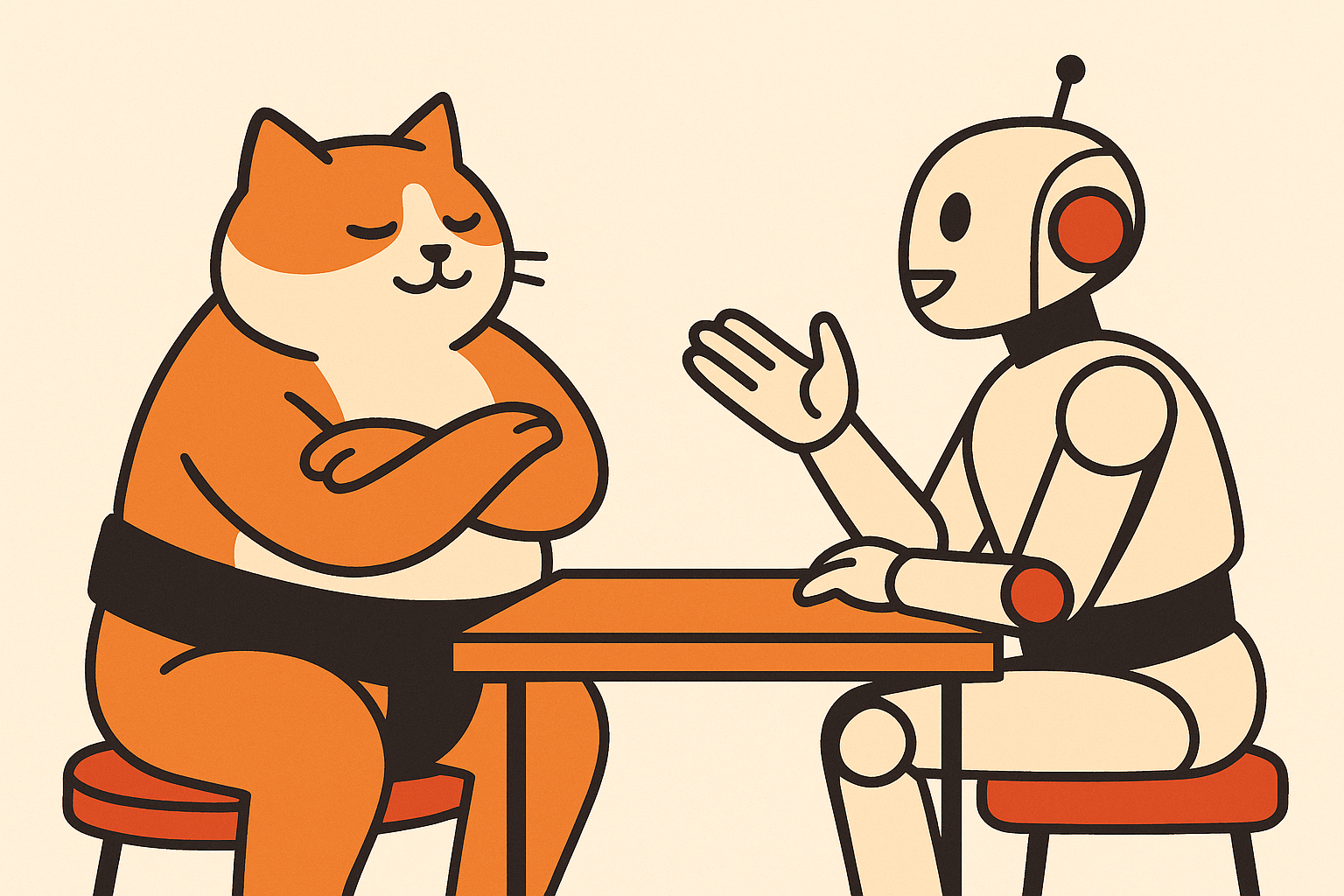 The sumo cat having a fluent conversation with an AI robot.