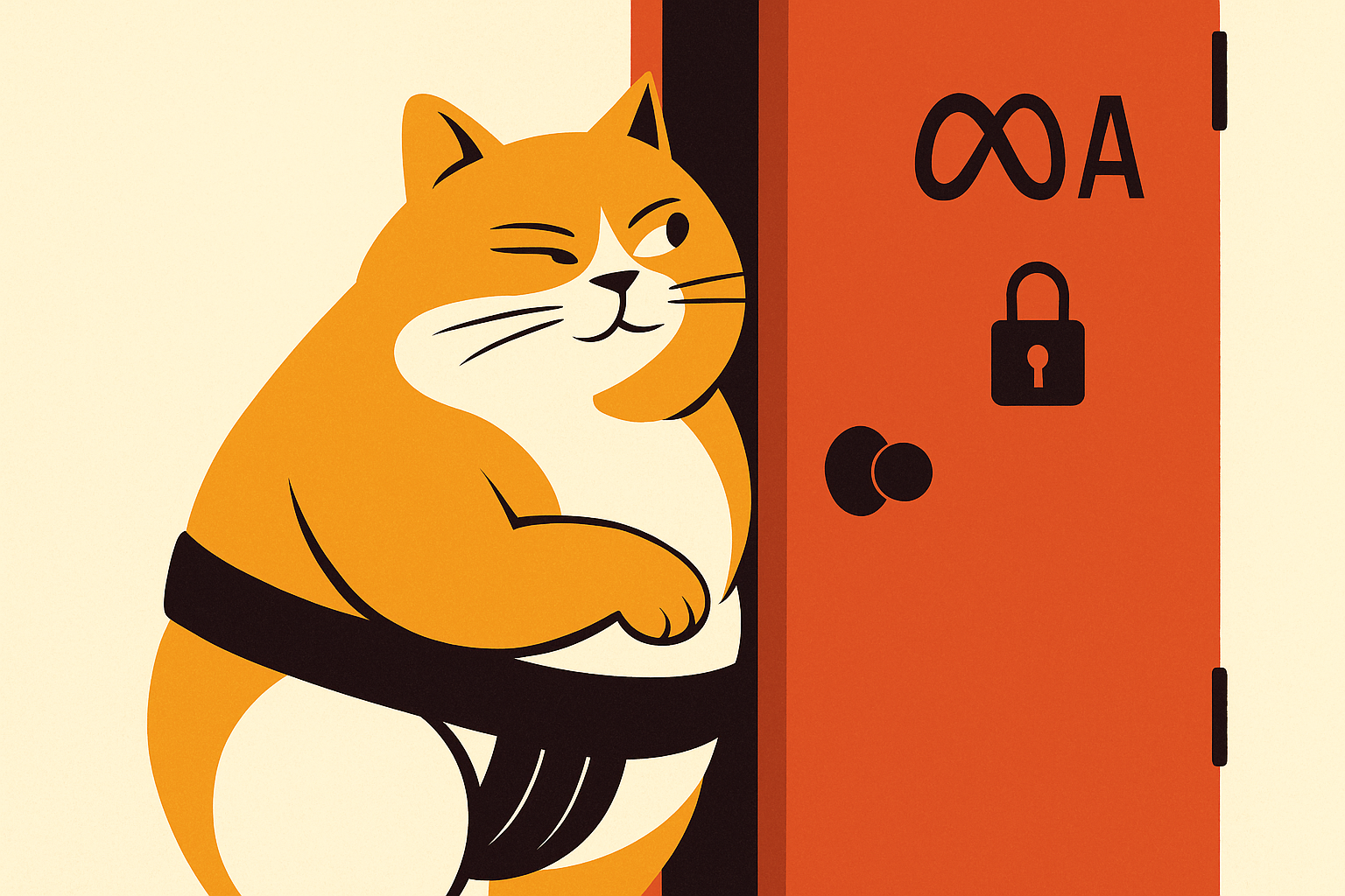 A sumo cat peeking through a doorway, representing AI breaching security.