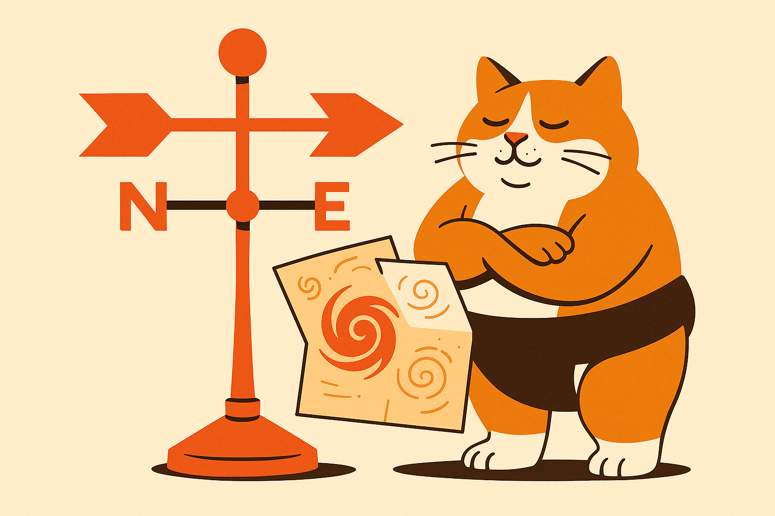 The sumo cat with a weather vane and map of cyclone predictions.