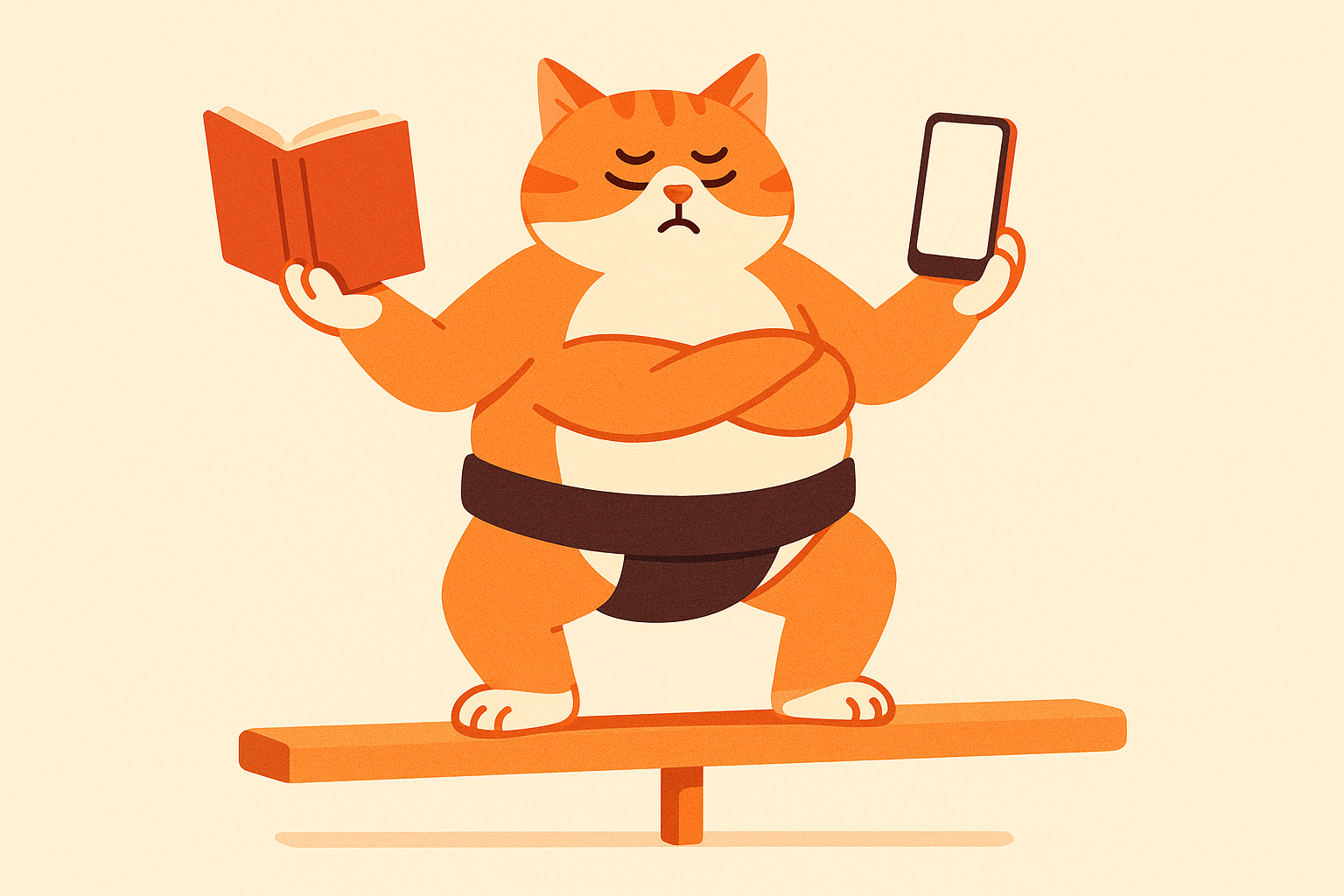 The sumo cat balancing on a beam with a book and phone, representing nuanced AI tutoring.