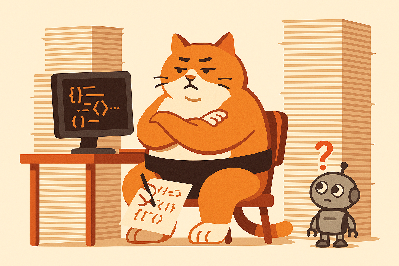 The sumo cat writing code by hand, representing Oracle's ban on AI-generated code.
