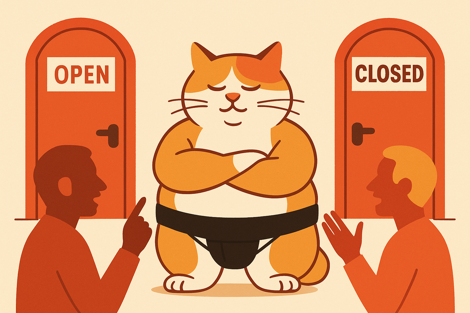 The sumo cat moderating a debate between open and closed AI model doors.
