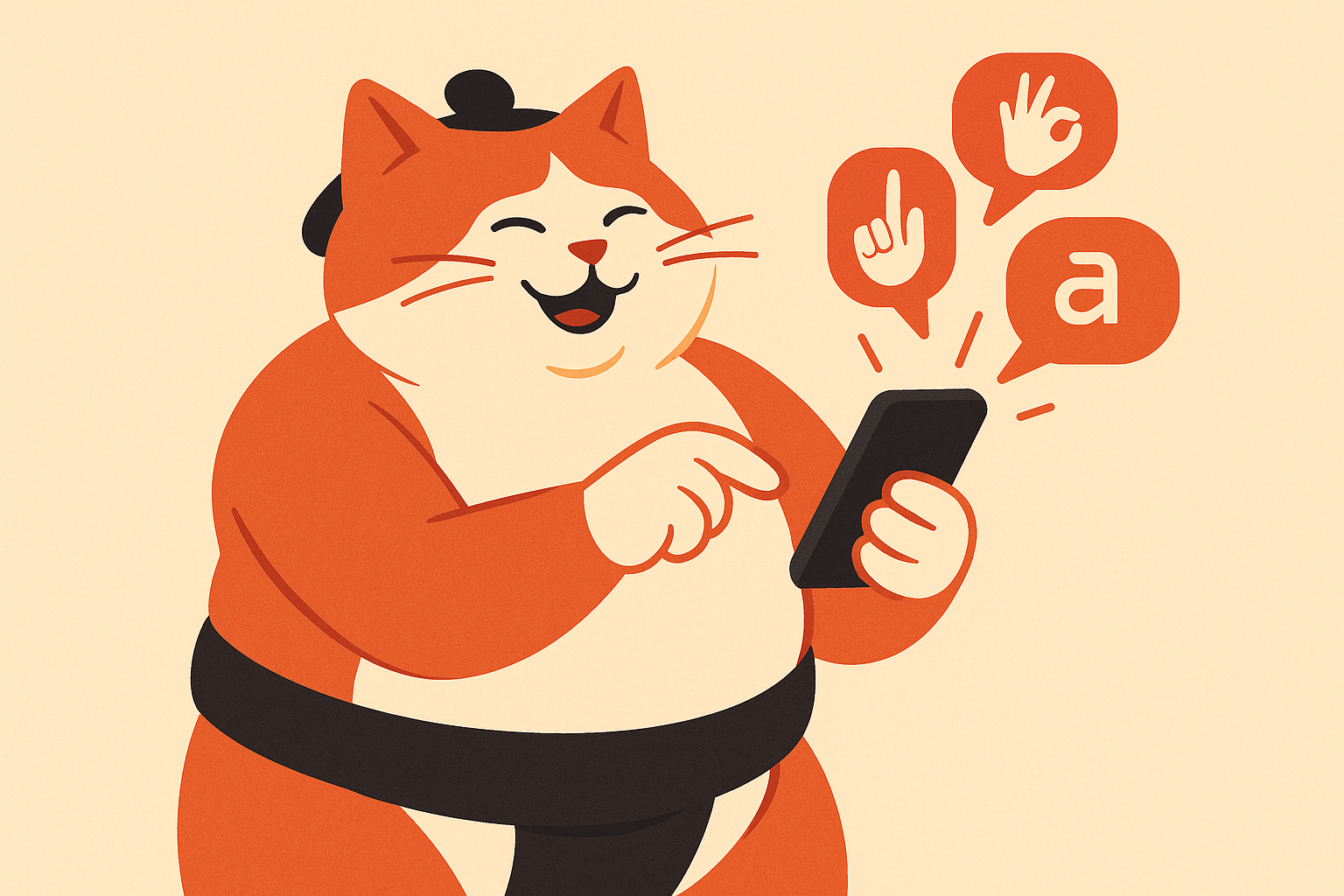 The sumo cat using a smartphone for sign language translation.
