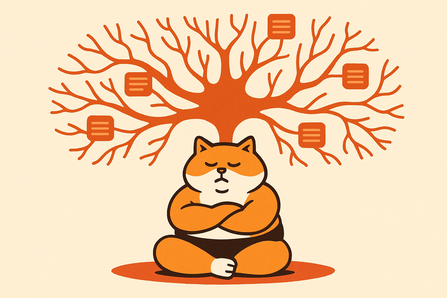 The sumo cat meditating under a neuron tree, representing AI's vast memory.