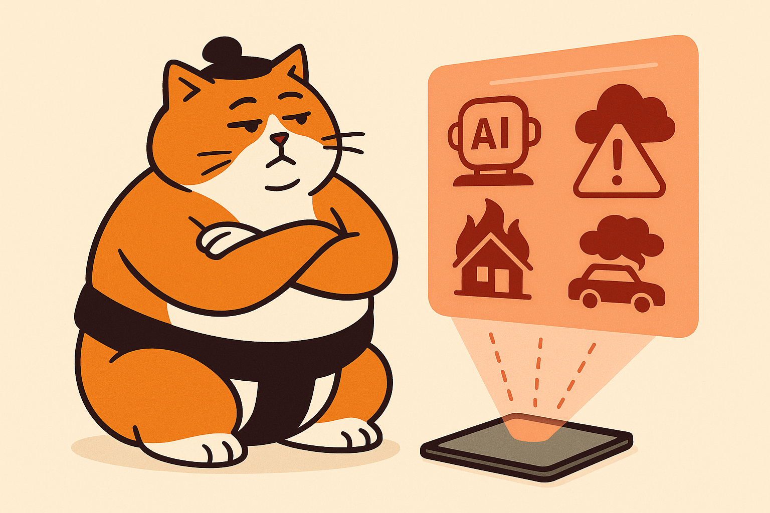 The sumo cat analyzing a holographic screen with crisis video scenarios.