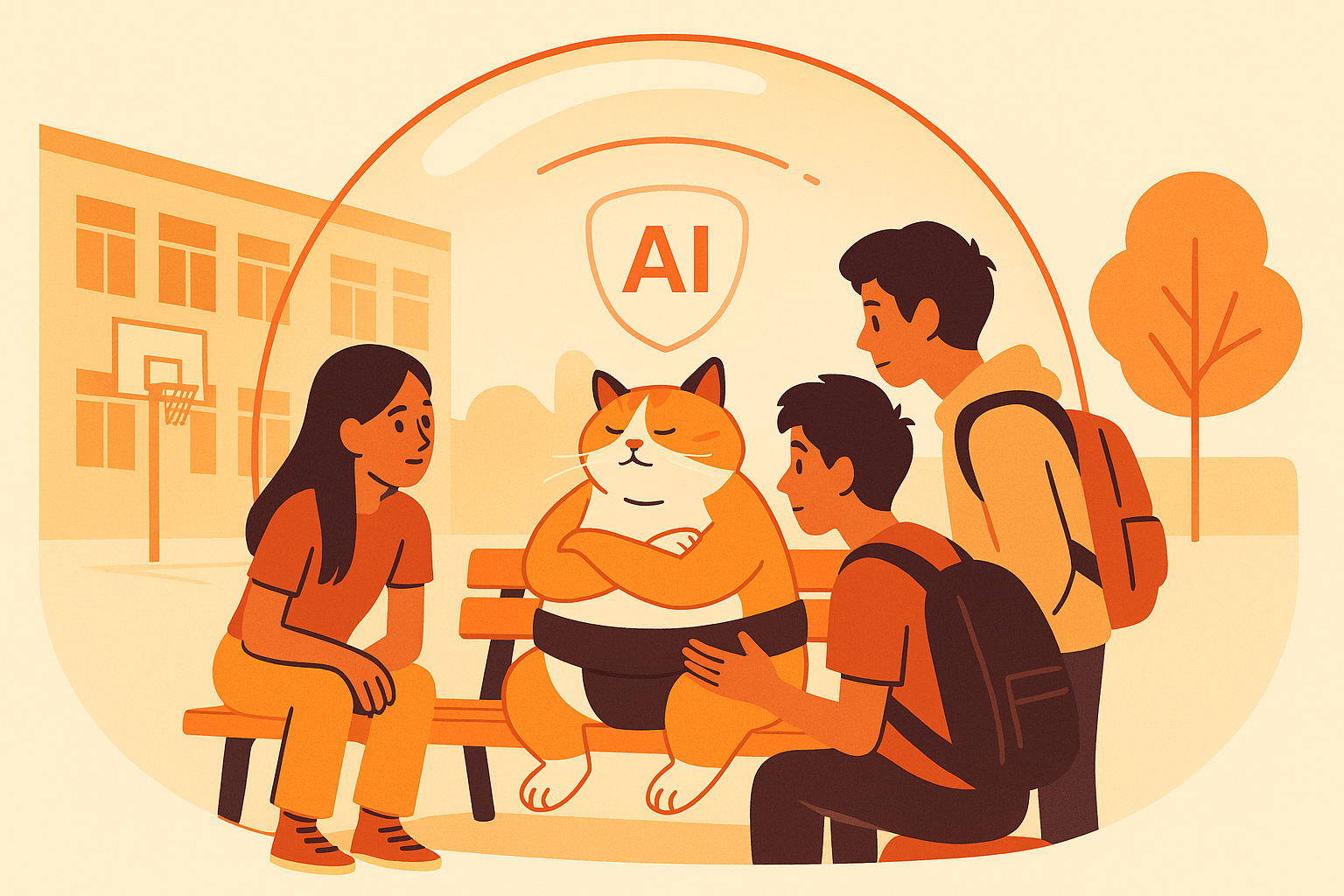 The sumo cat with a protective bubble talking to teenagers about AI.