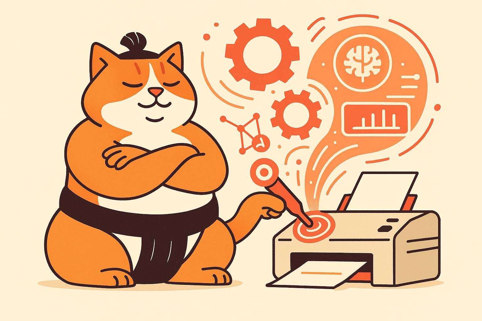 The sumo cat fixing an old printer using futuristic AI tools.