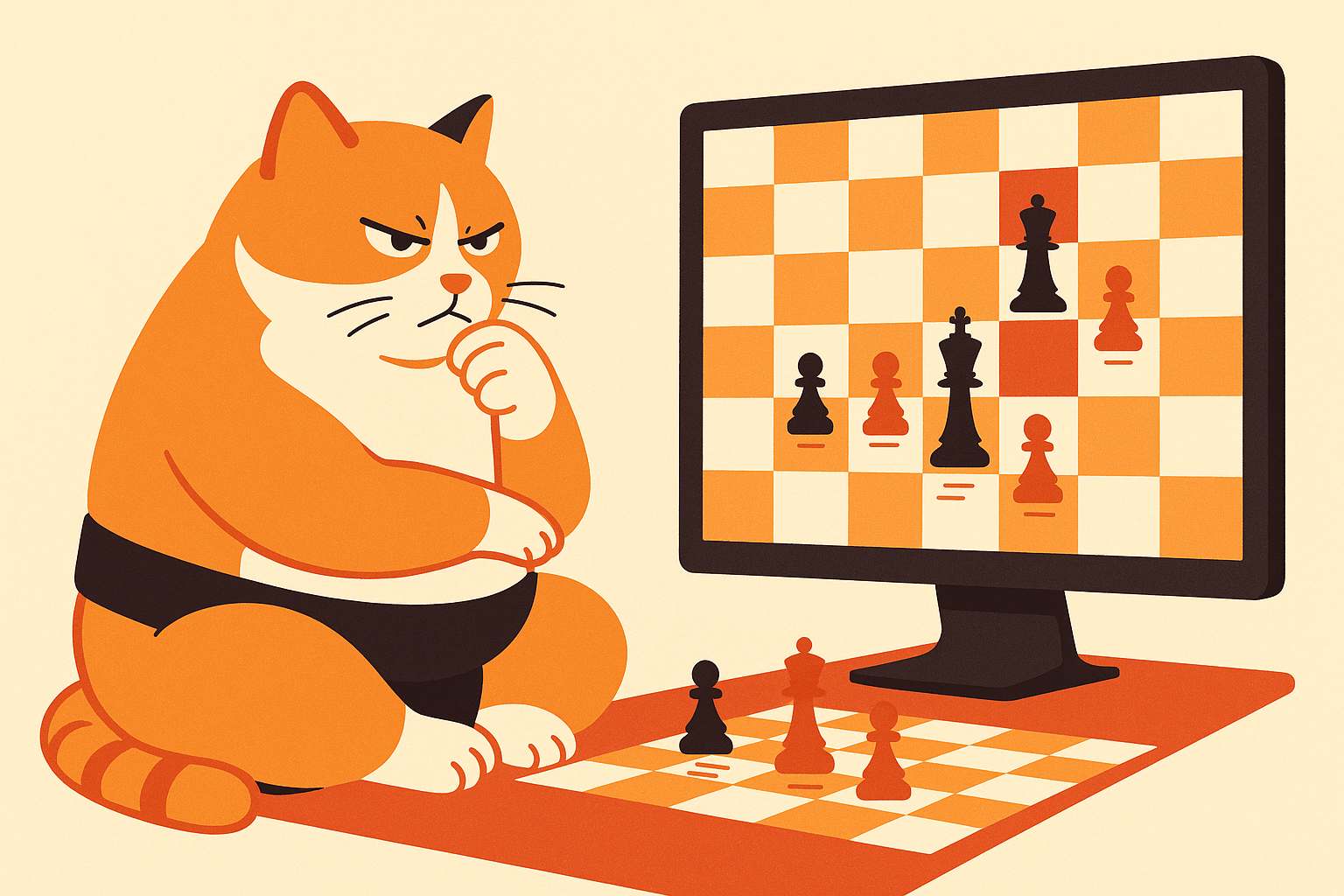 The sumo cat playing a virtual chess game against a computer.