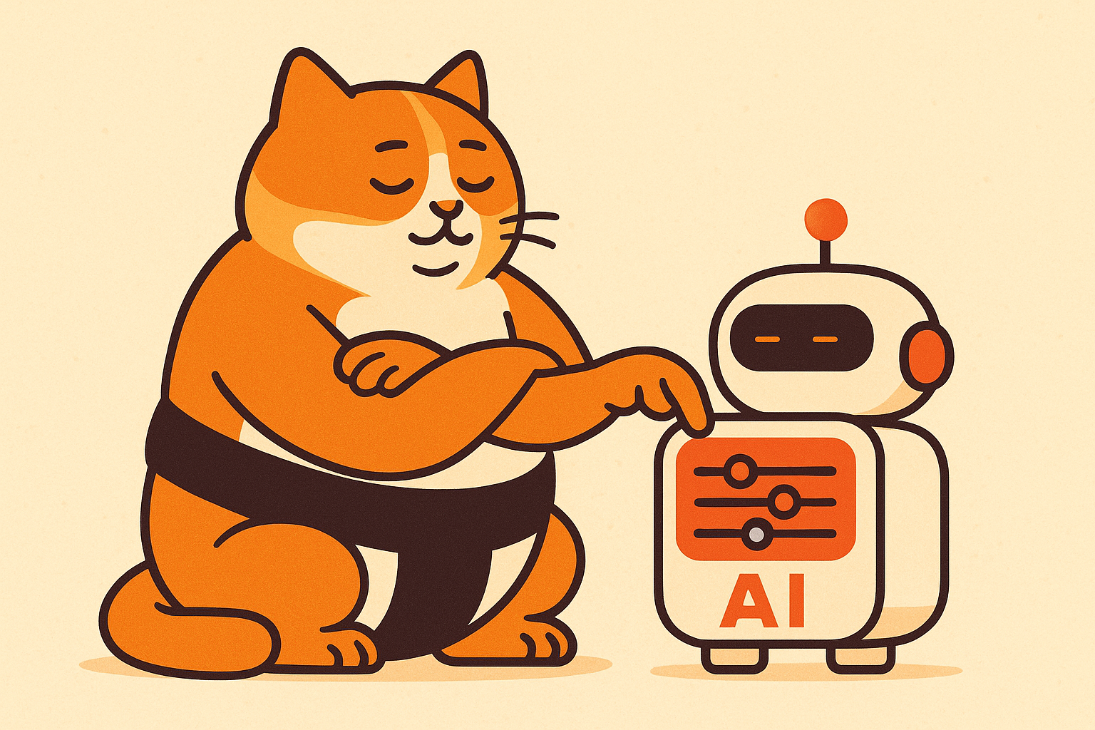 The sumo cat adjusting settings on an AI robot.