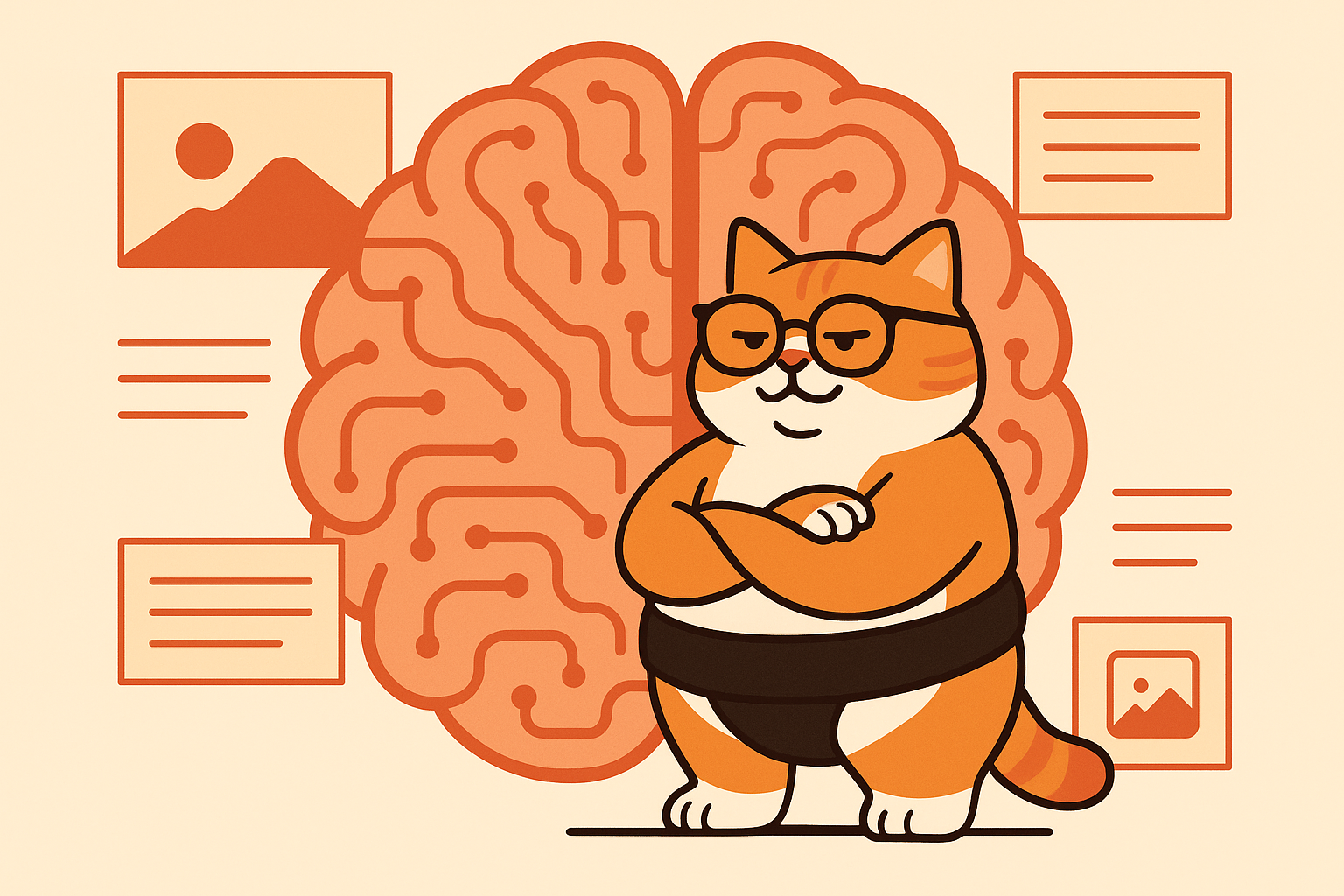 The sumo cat with glasses in front of a giant digital brain with images and text