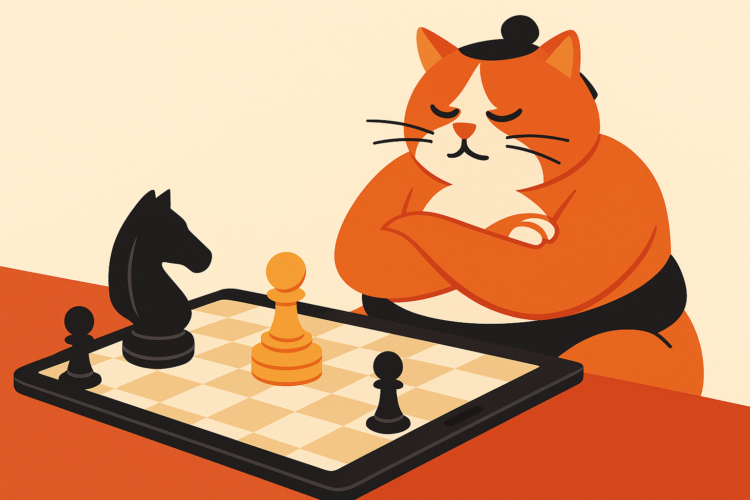 The sumo cat blocking a chess piece on a digital board, symbolizing AI countering a misinformation campaign.
