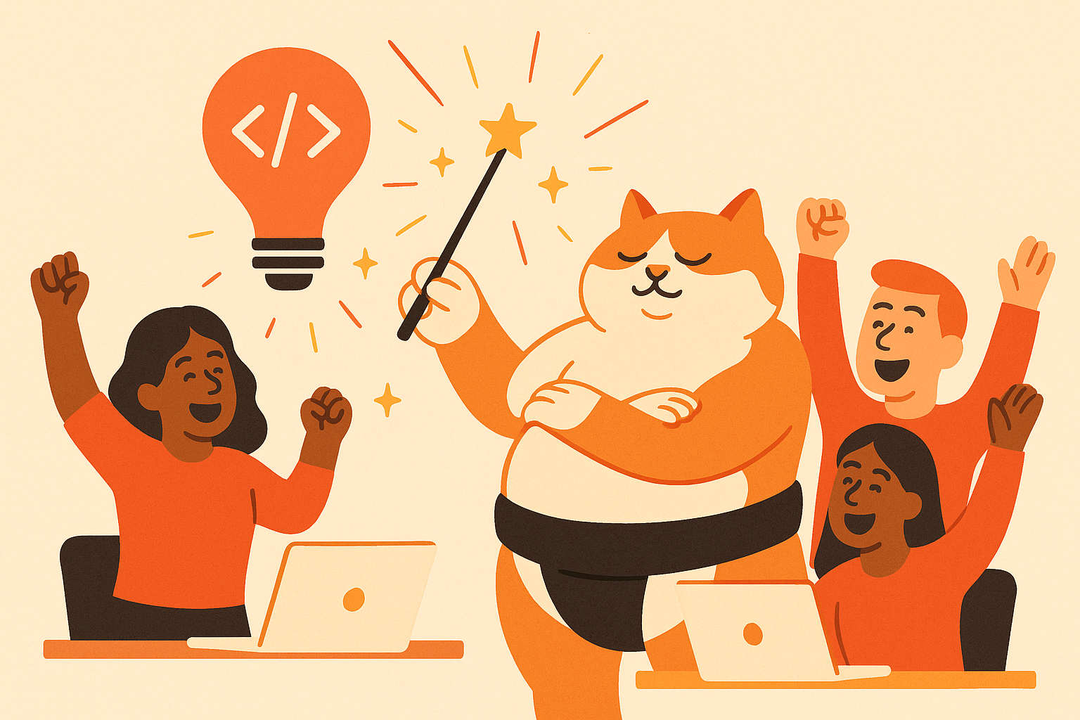 The sumo cat holding a magic wand in an office setting, symbolizing AI helping non-coders write software.