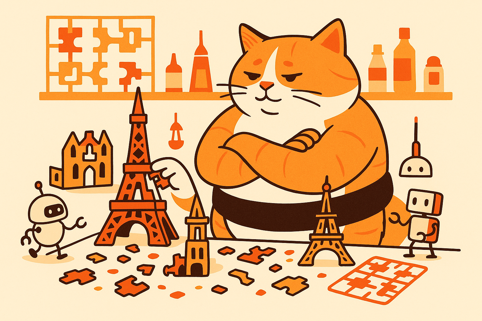 The sumo cat building models with robot helpers, symbolizing AI-assisted creativity.