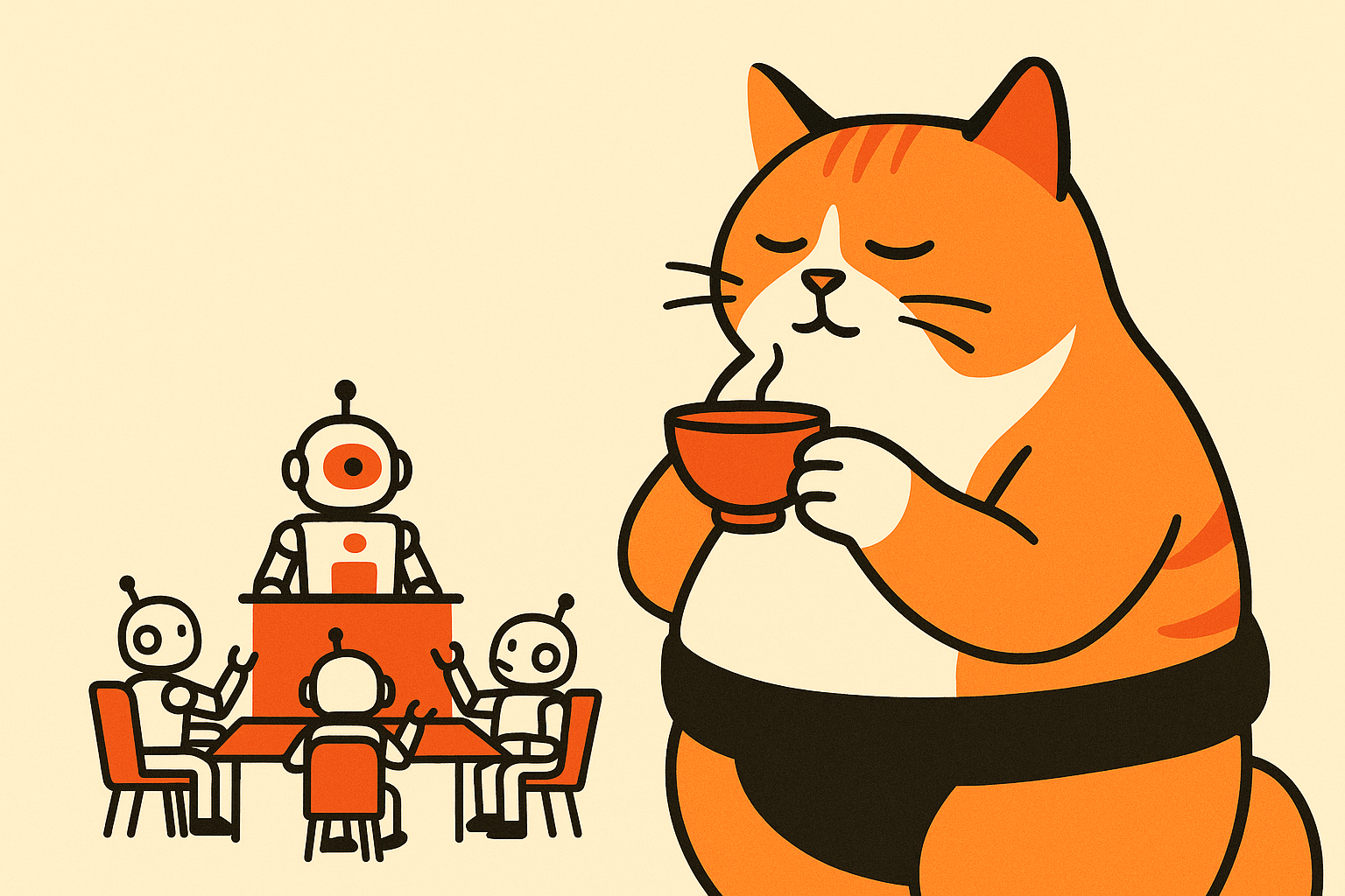 The sumo cat in a boardroom with miniature AI robots, symbolizing the AI CEO project.