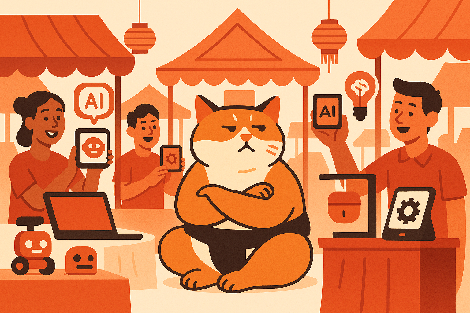 The sumo cat in a Thai market, observing AI startups display their tech innovations.