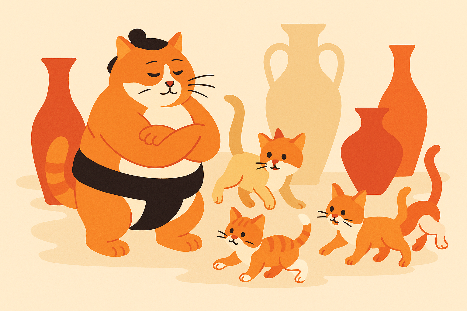 The sumo cat guiding playful kittens, symbolizing responsible AI use.