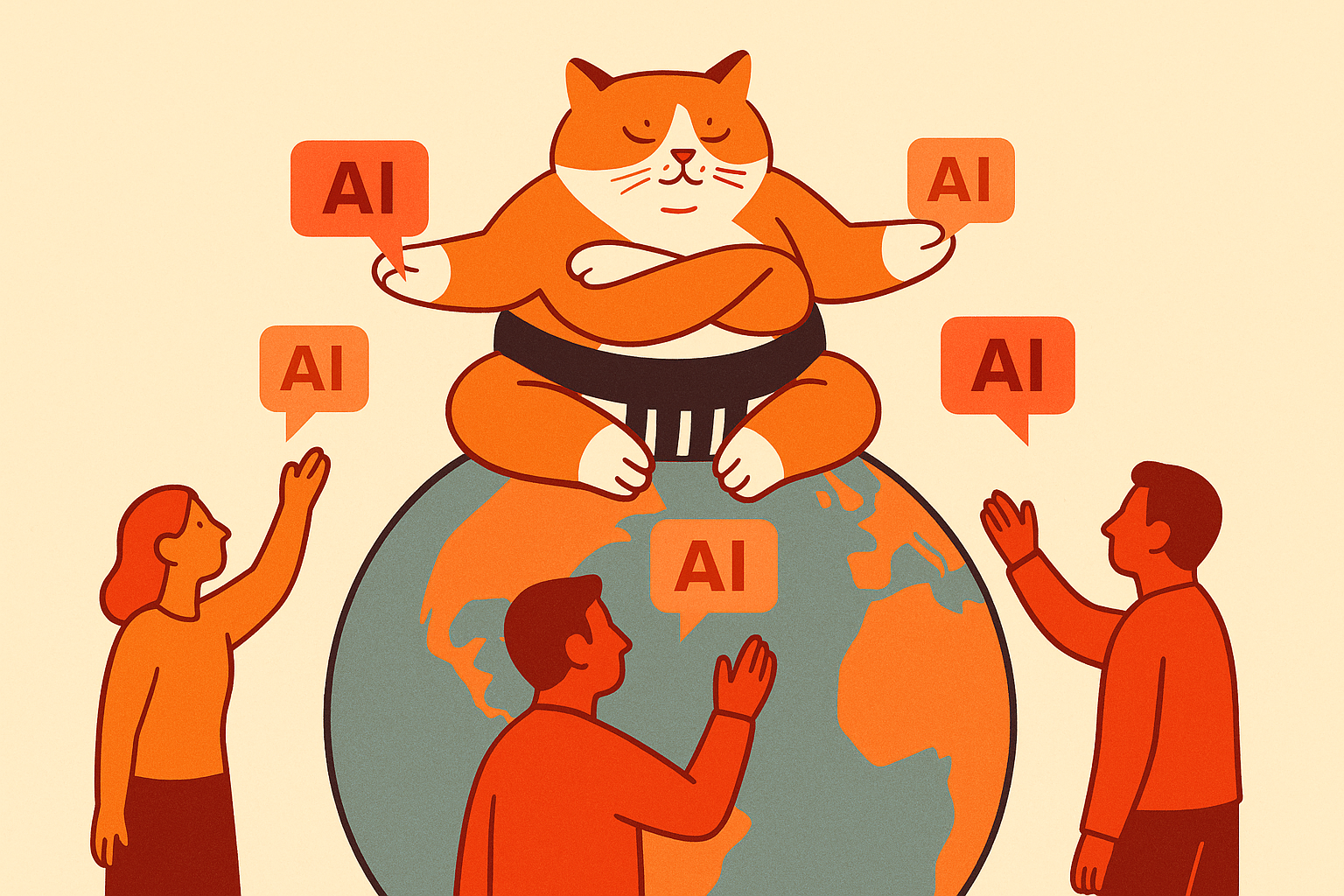The sumo cat on a globe, distributing AI chat bubbles worldwide.