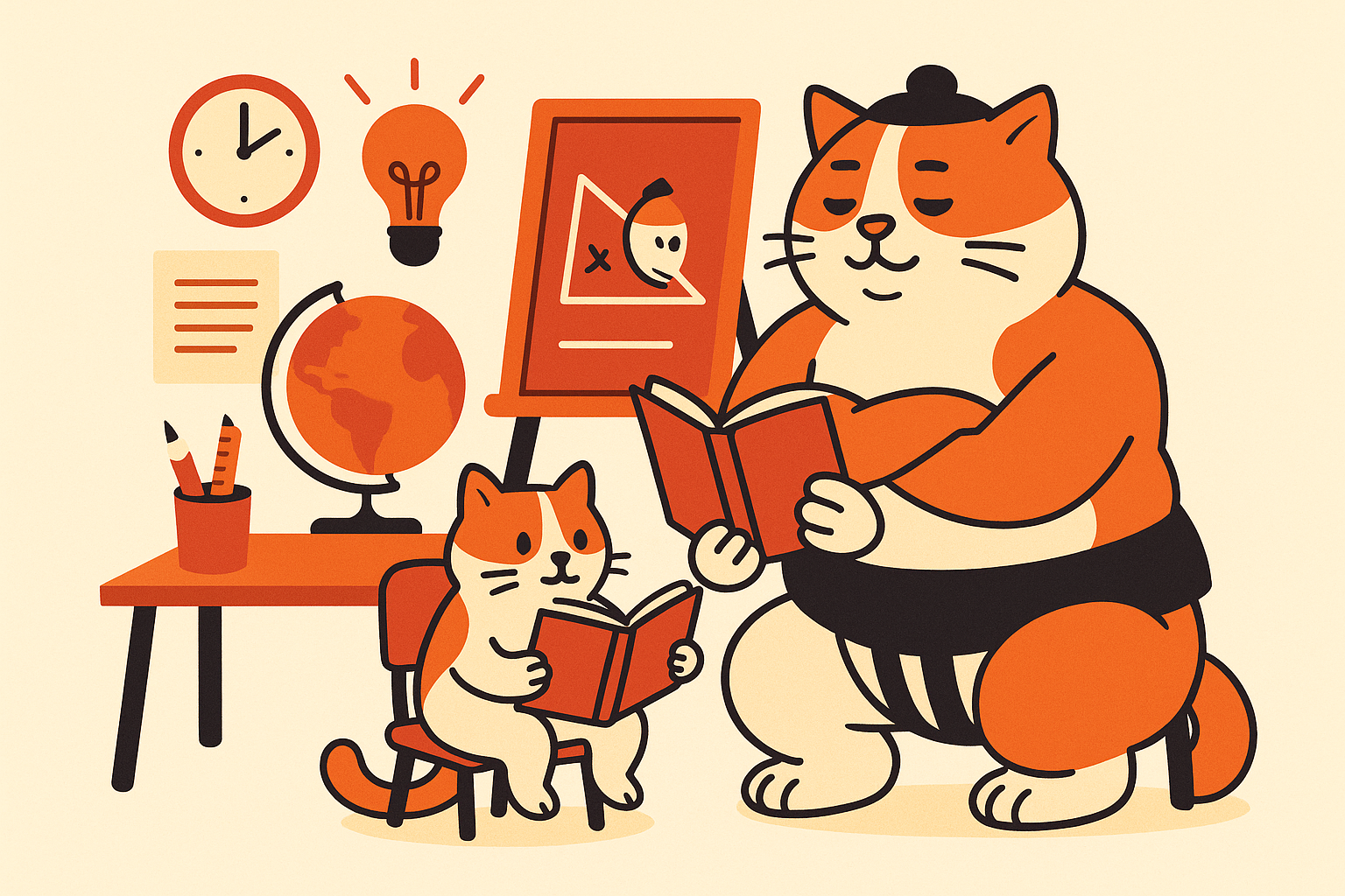 The sumo cat tutoring a student with a book in a classroom.