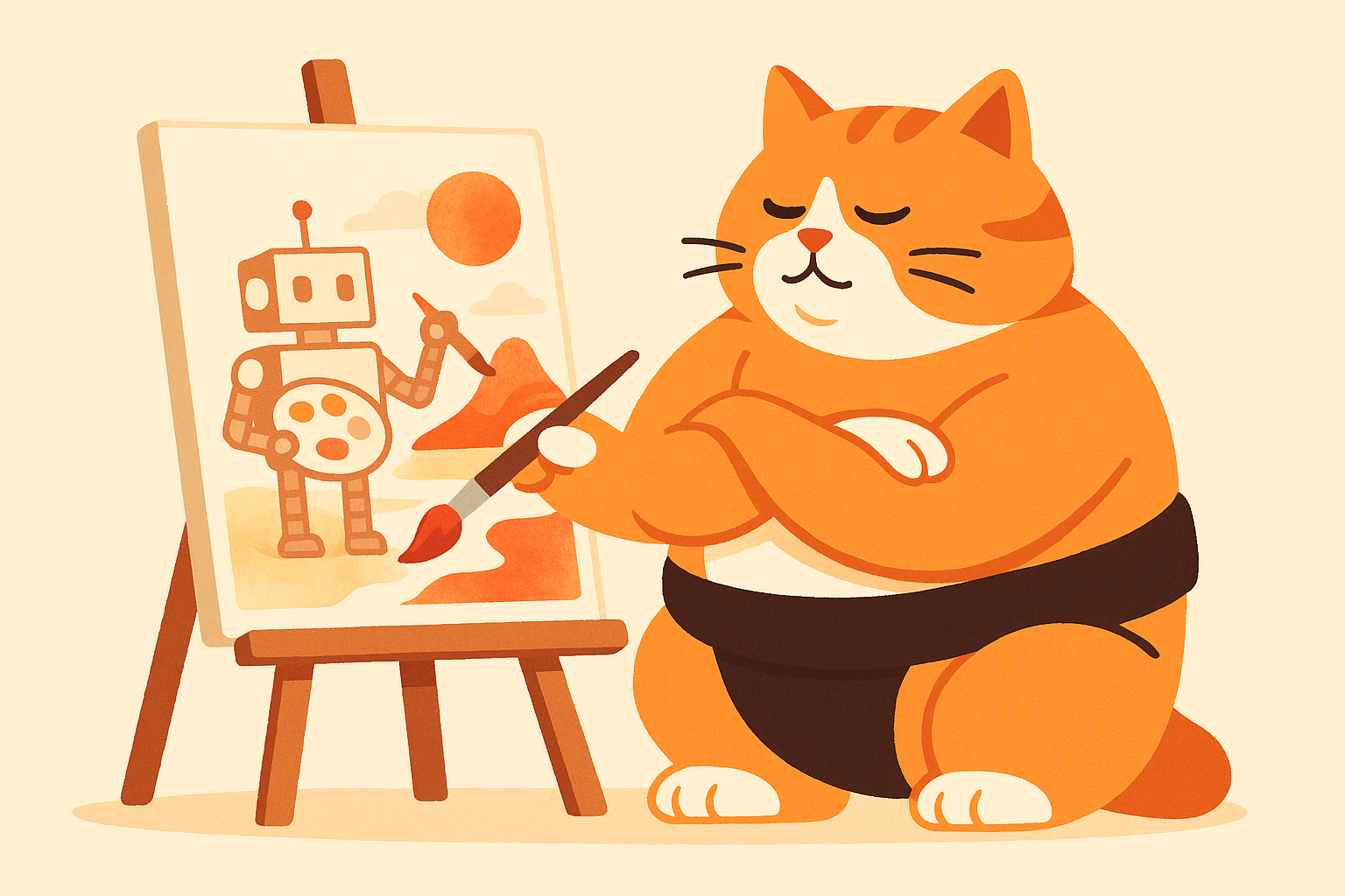 The sumo cat painting a watercolor picture, symbolizing AI's art abilities.