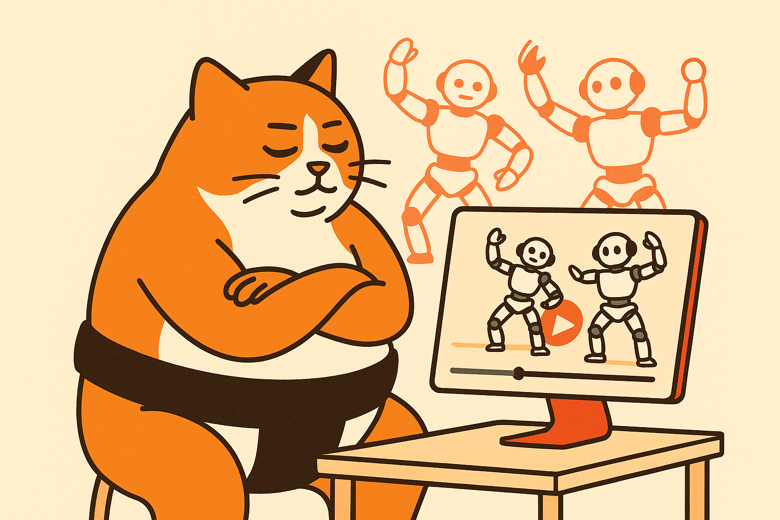 The sumo cat watching a video, with robots mimicking dance moves.