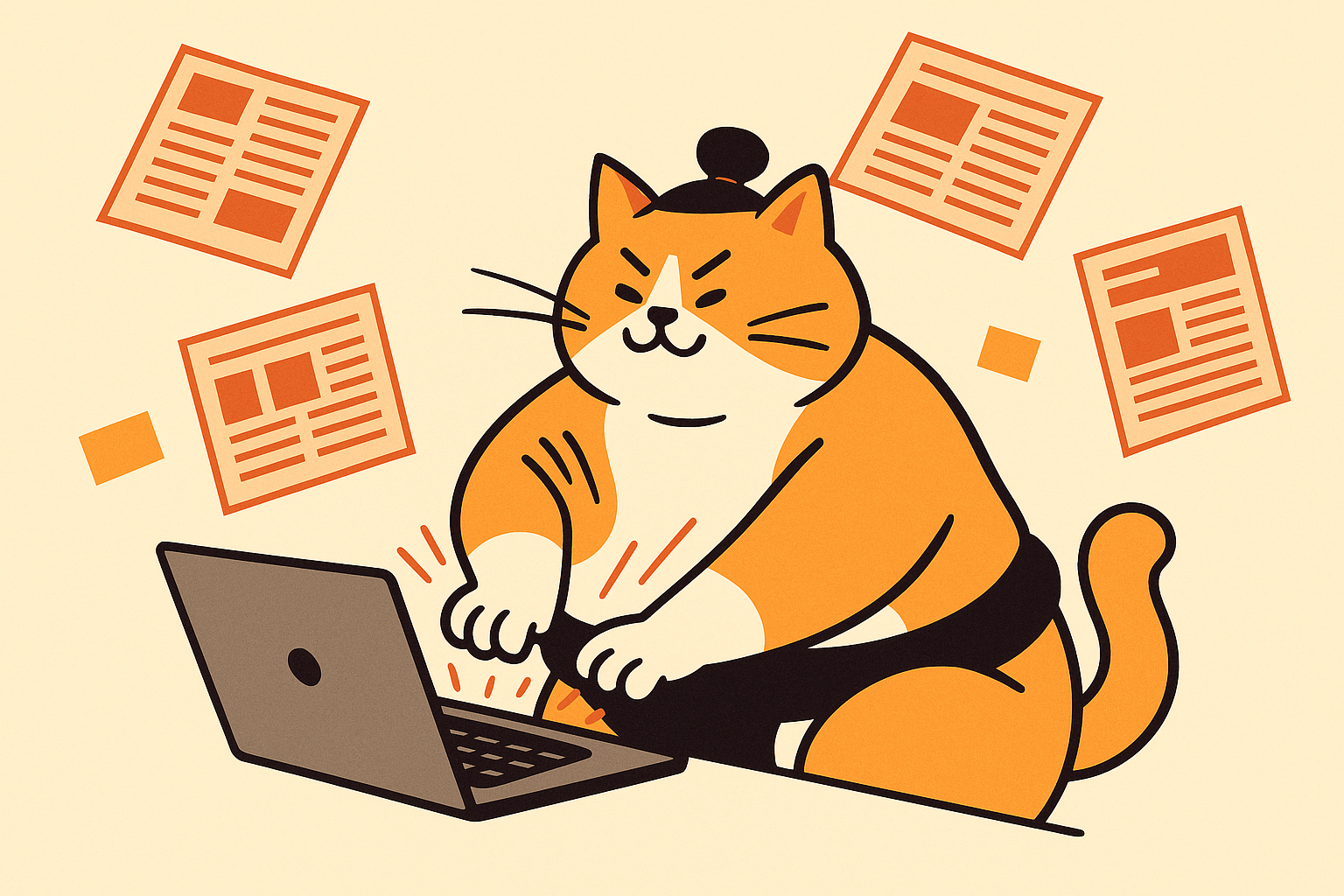 The sumo cat typing on a laptop with floating newspapers, symbolizing AI's role in journalism.
