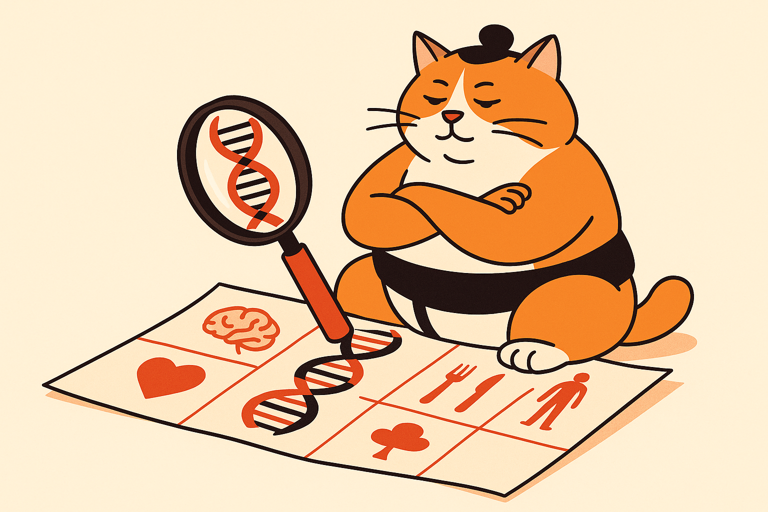 The sumo cat examining a map of DNA sequences.