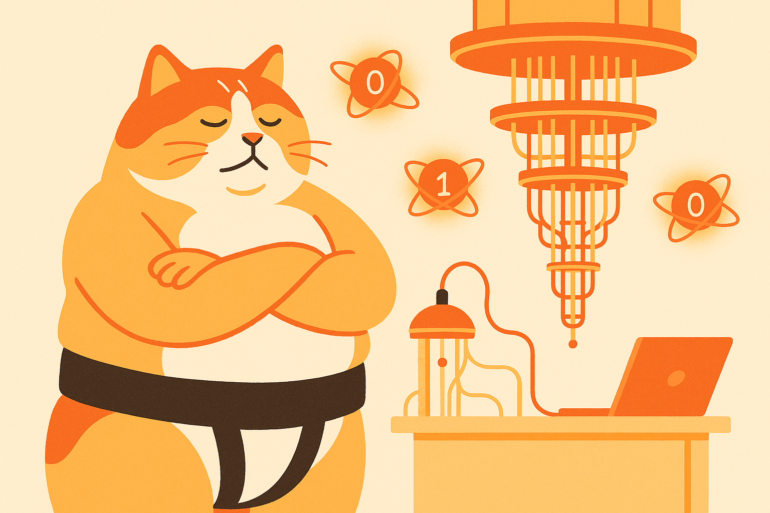 The sumo cat overseeing a physics lab with glowing qubits.