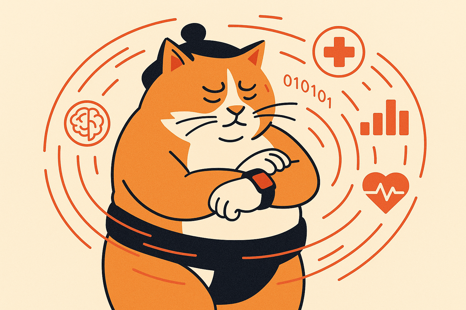 The sumo cat examining a smartwatch and digital health data.