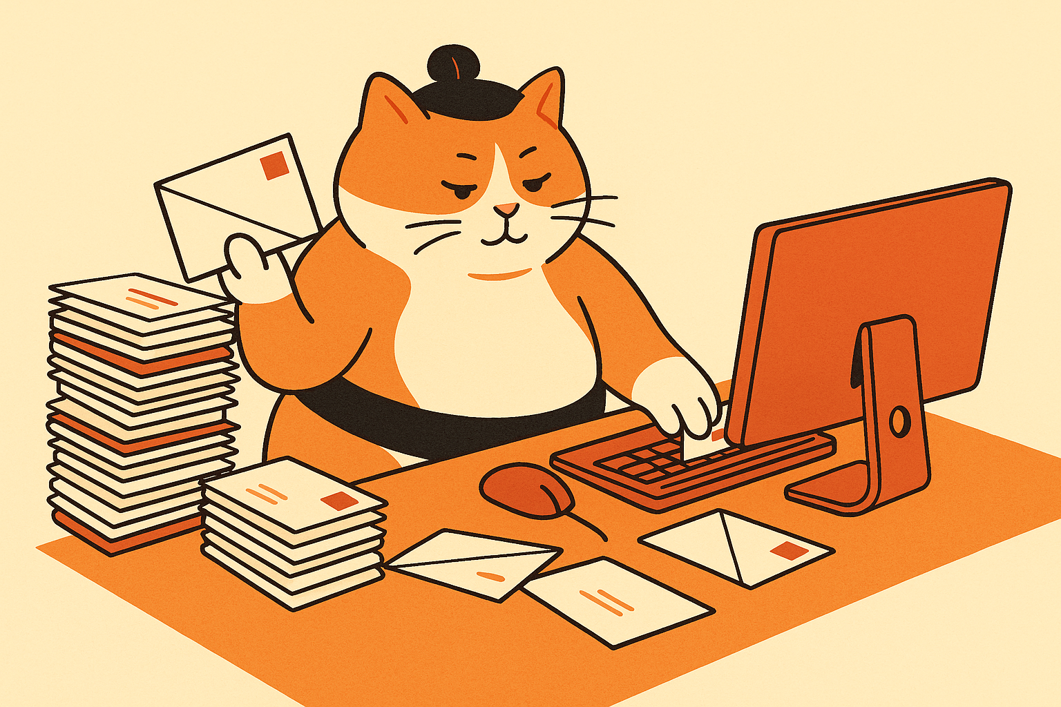 The sumo cat sorting mail while typing on a computer, representing AI organizing inboxes