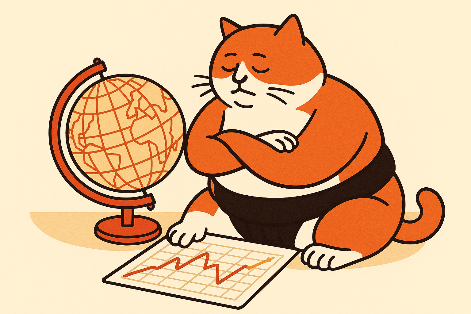 The sumo cat examining a globe with economic graphs, symbolizing Google's AI & Economy Atlas.