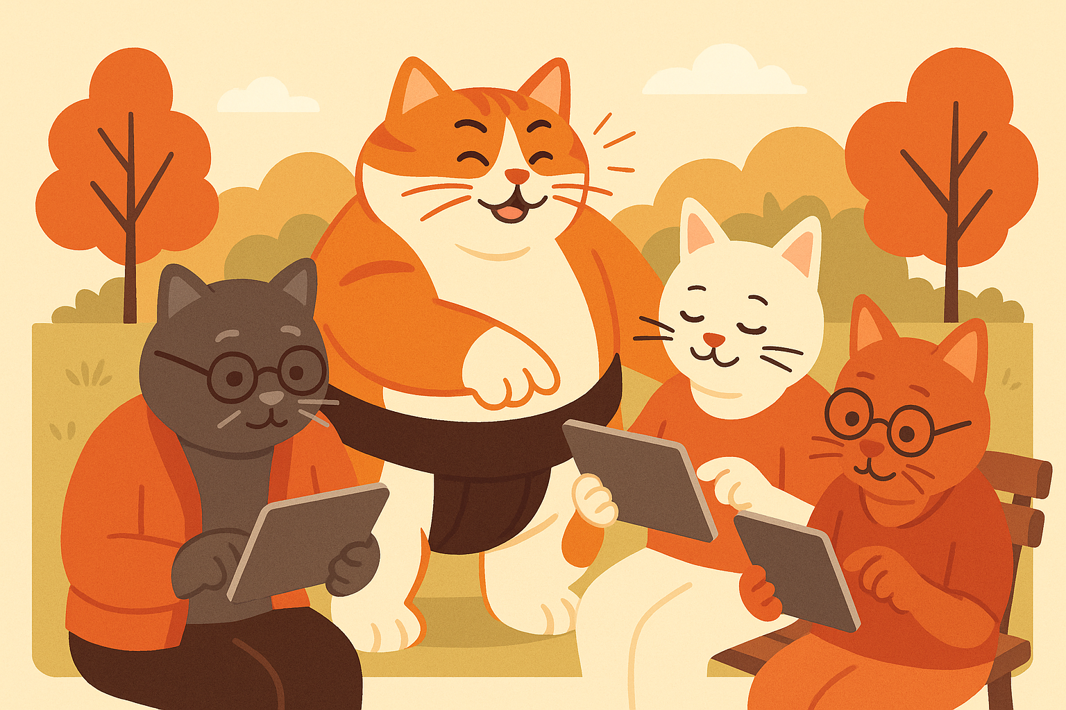 The sumo cat assisting seniors with tablets in a park, symbolizing AI workshops.