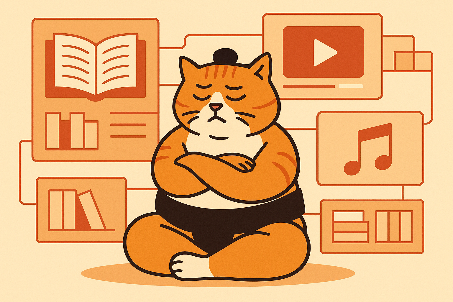 The sumo cat in a virtual library, pondering different media types representing AI understanding.