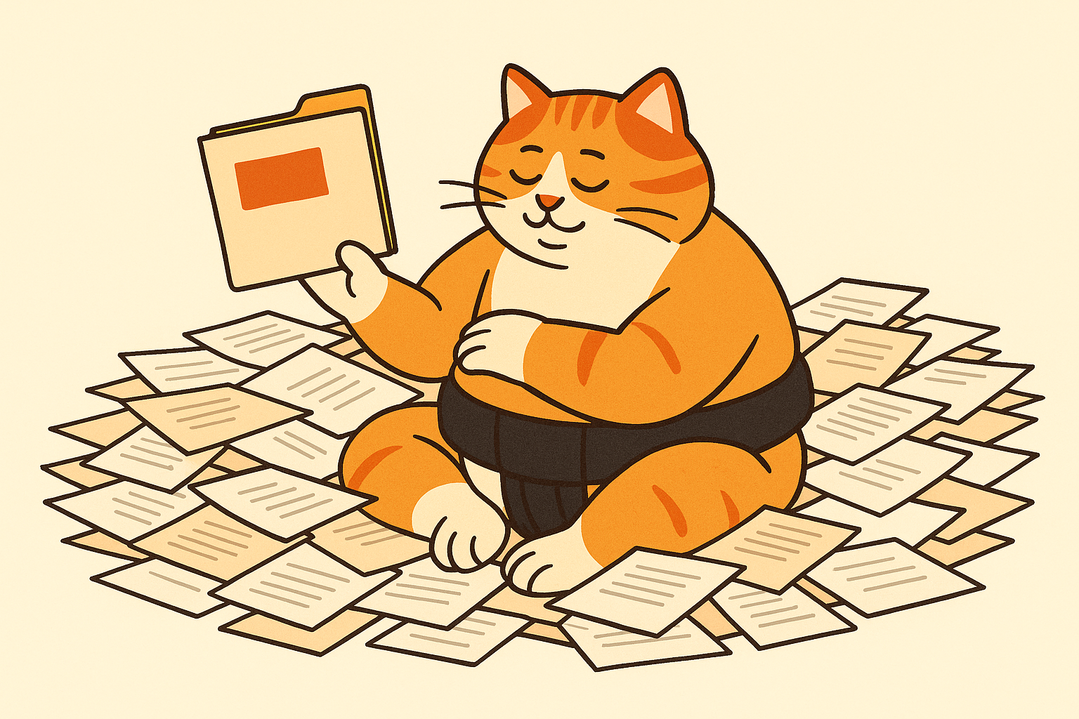 The sumo cat sorting through a pile of documents, representing AI memory