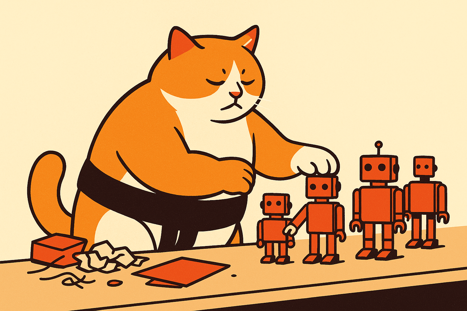 The sumo cat arranging toy robots on a cluttered table.