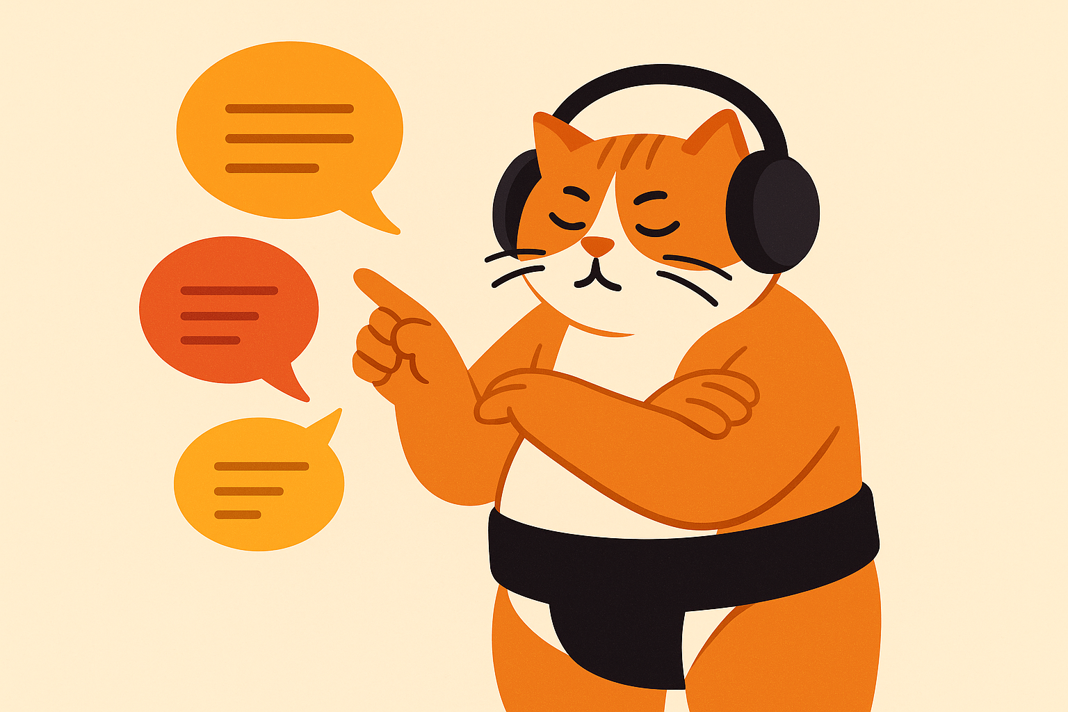 The sumo cat with headphones pointing at speech bubbles, representing multi-speaker AI.