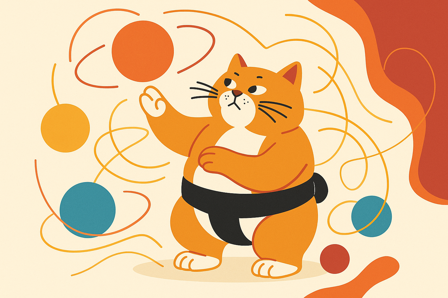 The sumo cat interacting with floating orbs, representing spatial understanding.