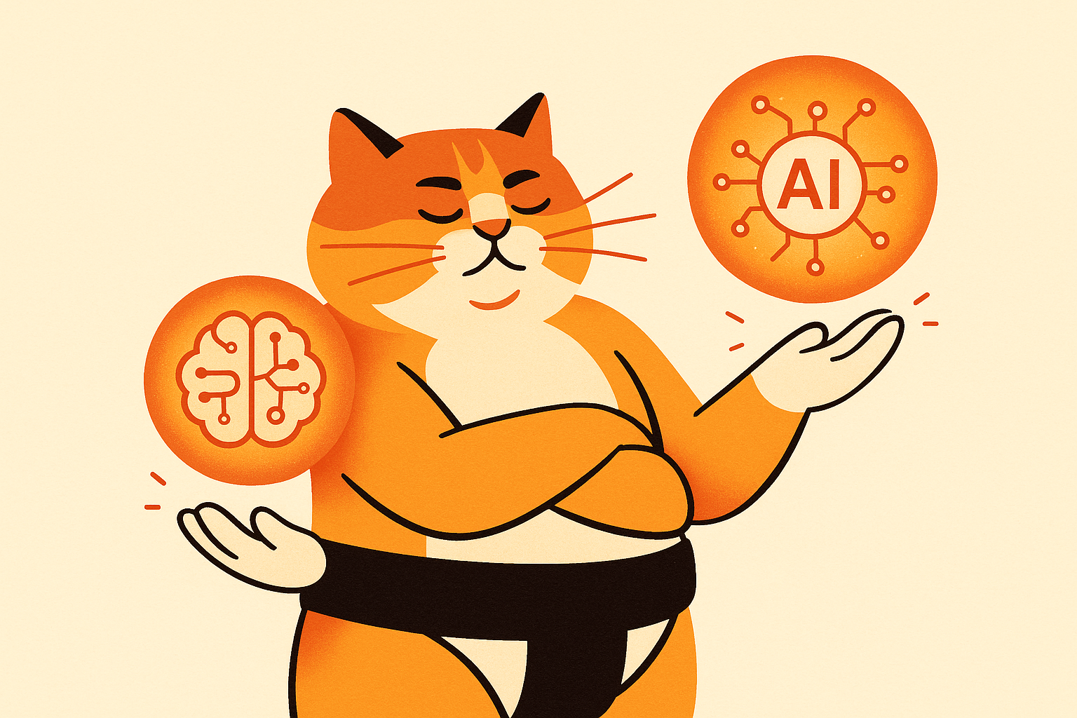 The sumo cat juggling two glowing orbs, representing multitasking AI.