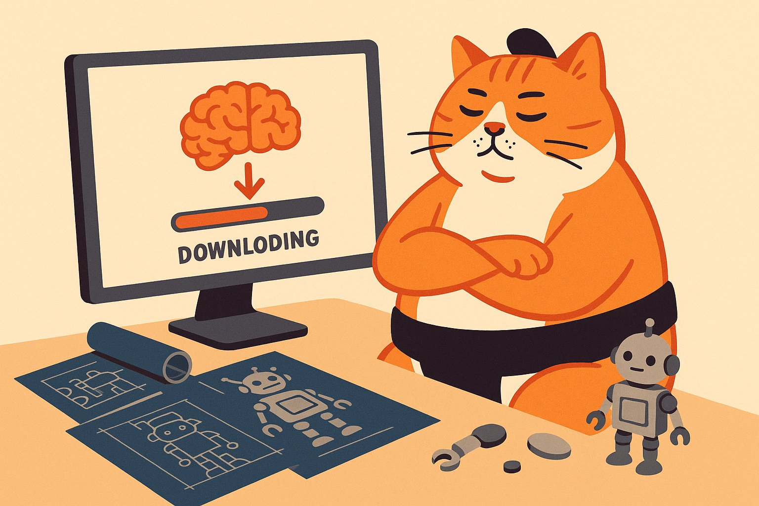 The sumo cat downloading a robot brain on a computer screen, surrounded by robot parts
