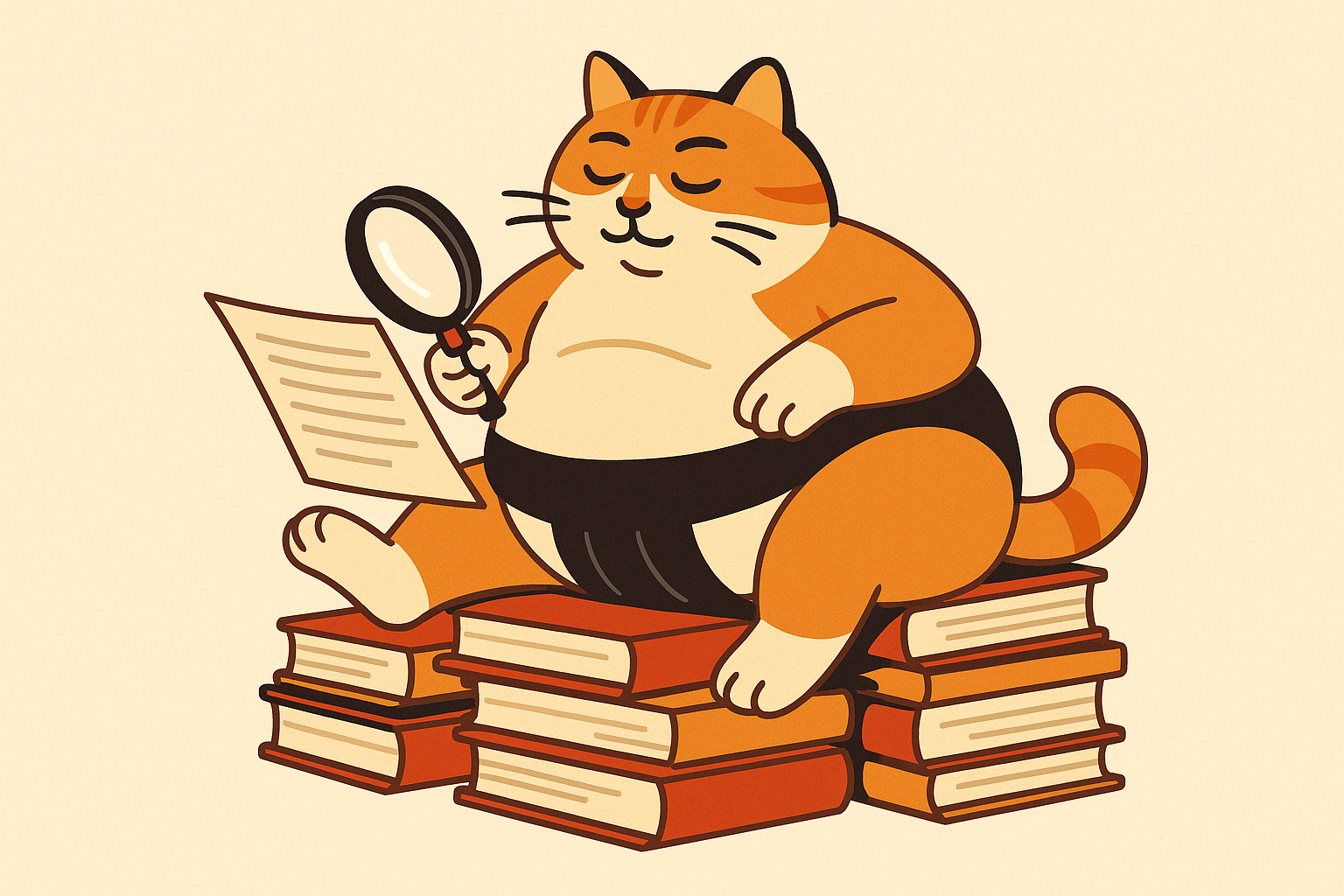 The sumo cat reading legal documents on a stack of books, symbolizing AI data ethics.
