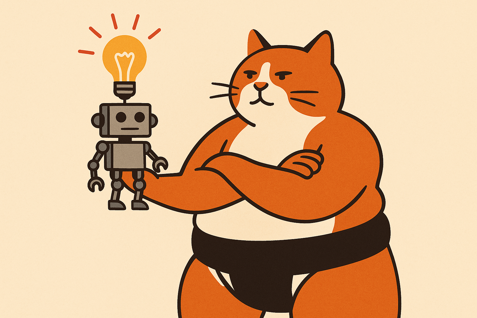 The sumo cat holding up a robot with a light bulb above its head, symbolizing a free AI model.