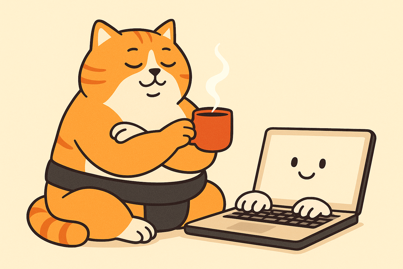 Sumo Cat with a coffee, as AI assistant AstaBrief types a report.