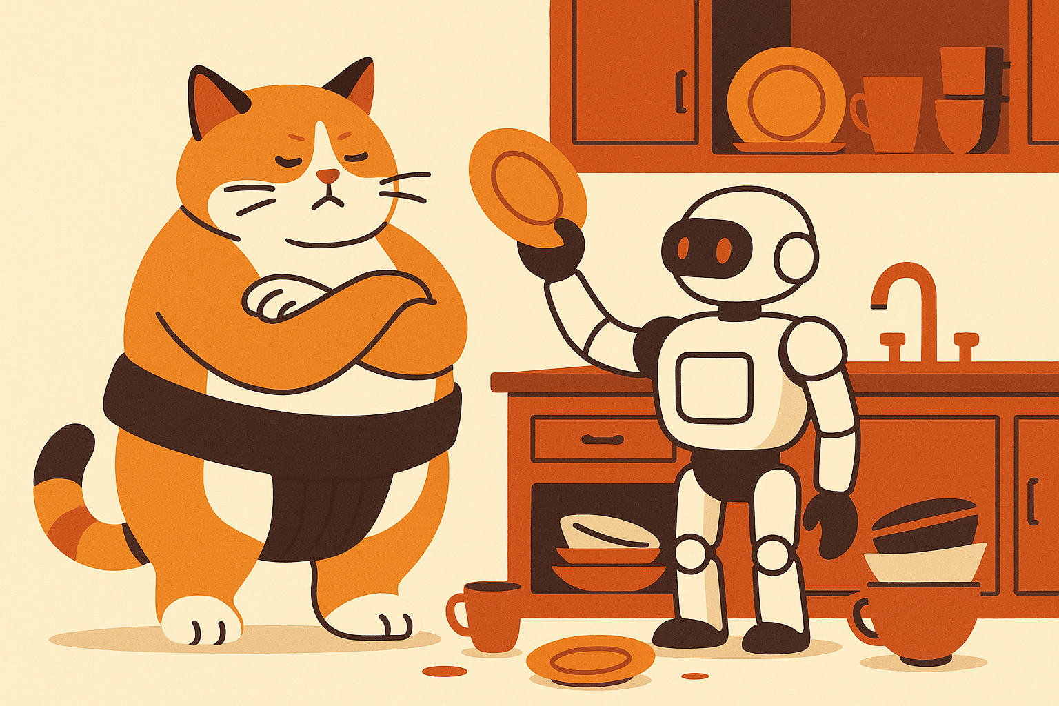 The sumo cat in a kitchen with a robot, representing an AI problem-solving scenario.