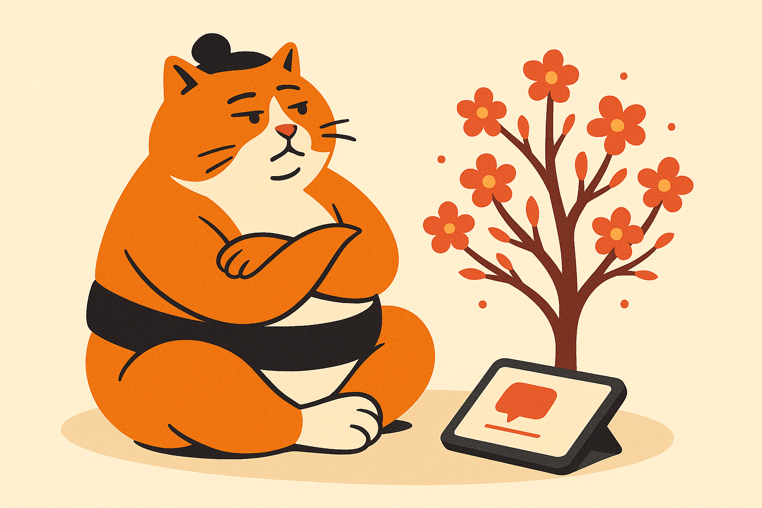 Sumo cat with a digital notebook next to a blooming tree.