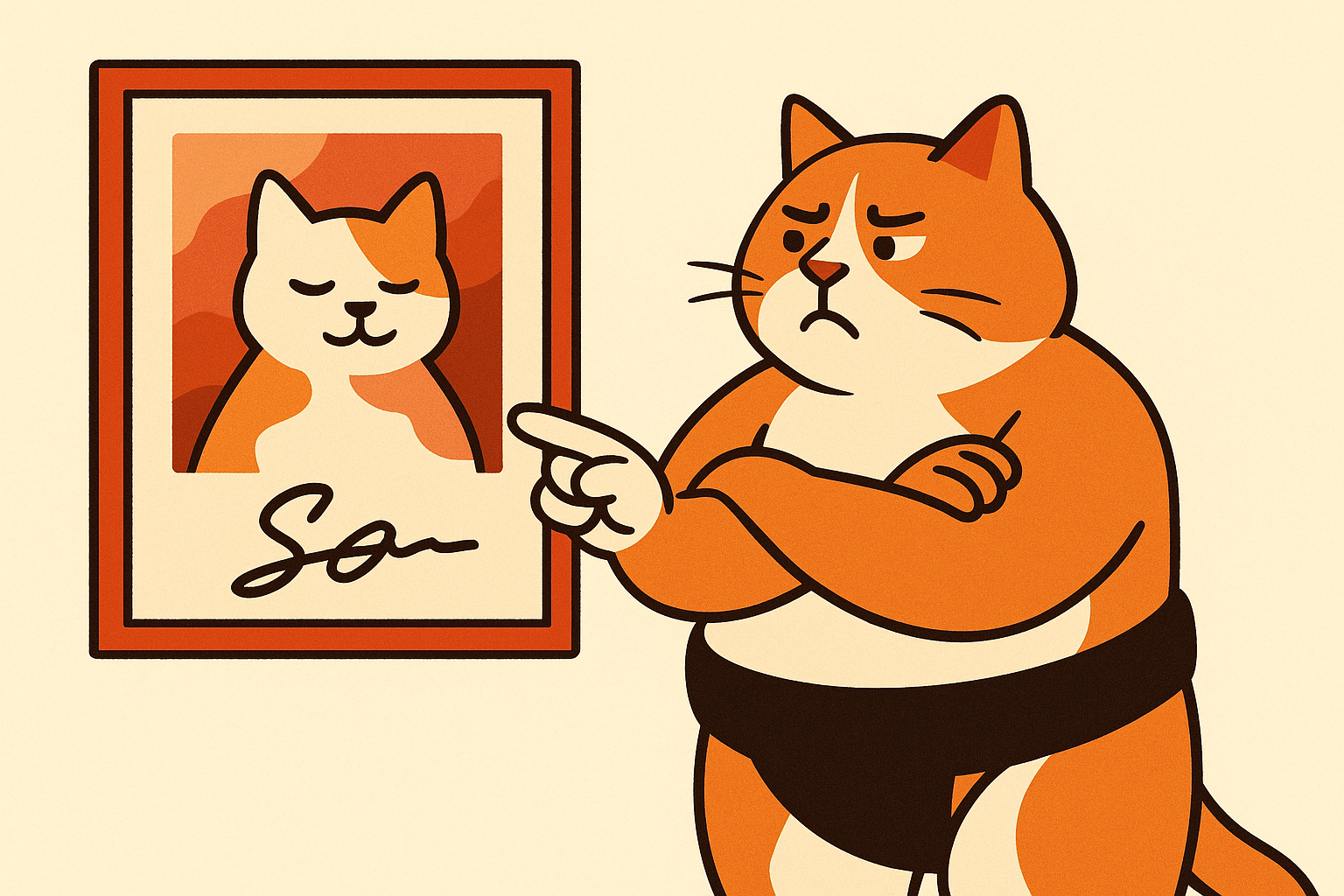 The sumo cat pointing at a cartoon with a signature, representing AI art controversy.
