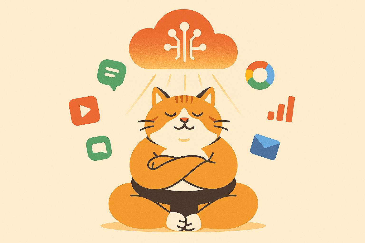Sumo Cat under a glowing cloud, juggling app icons, representing AI models on Google Cloud.