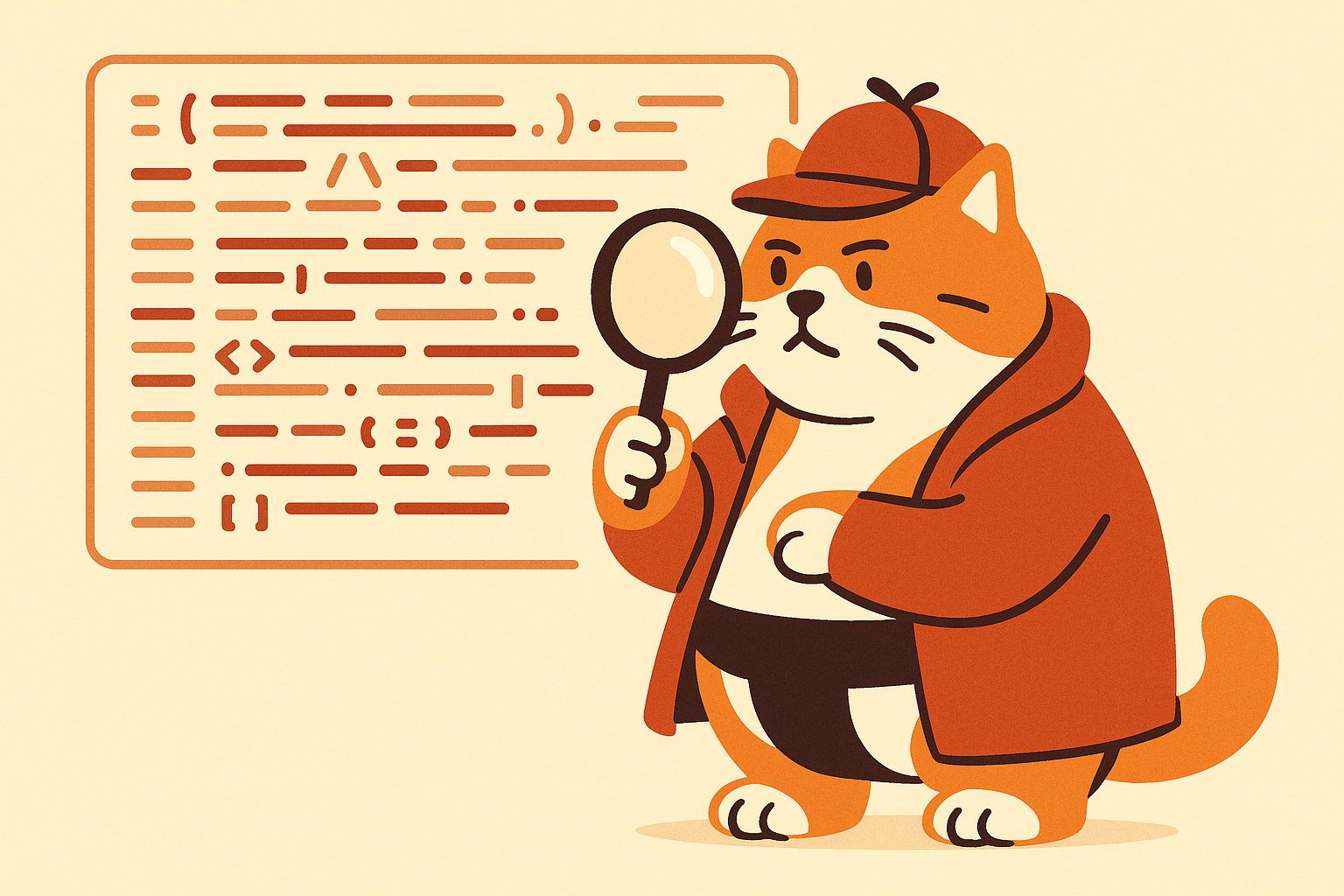 Sumo Cat dressed as a detective, examining a code wall with a magnifying glass.